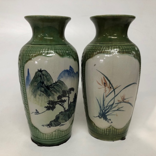 VASE, Green w Painted Japanese Design 26cm H